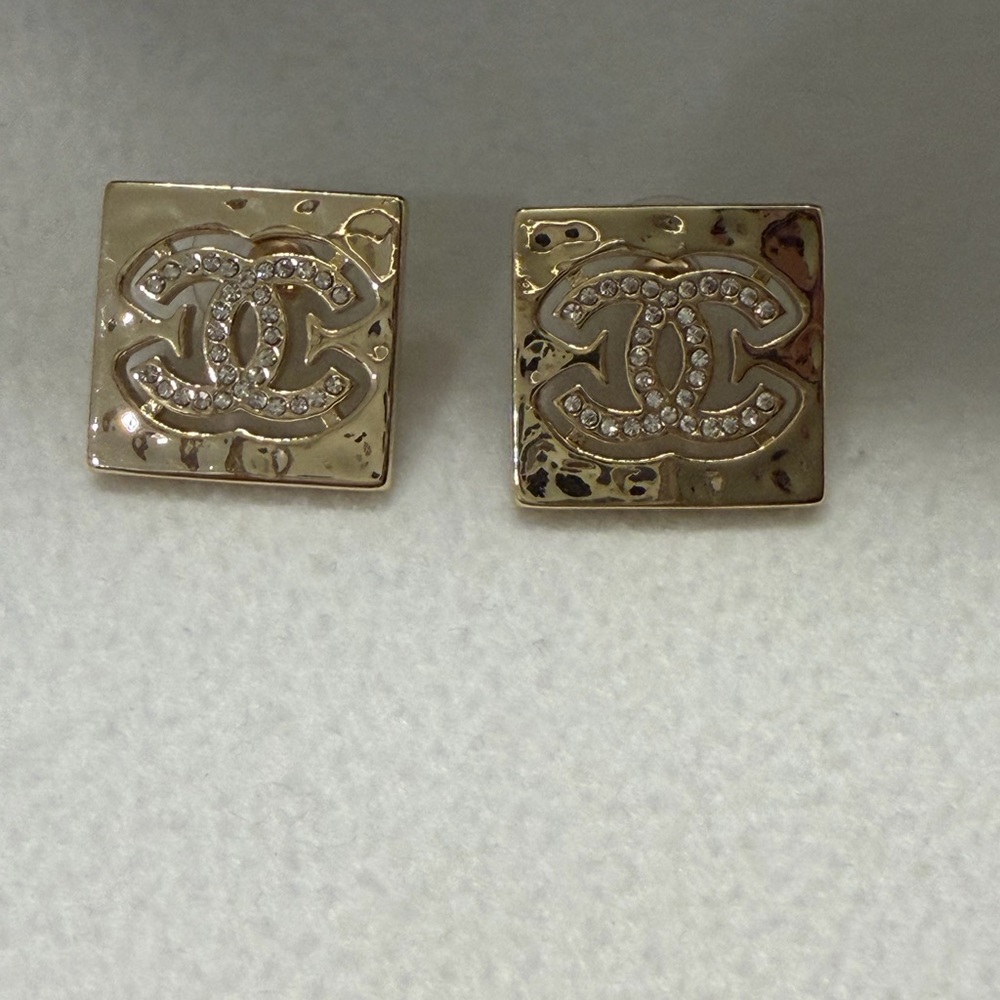 CHANEL Gold-Tone Square CC Crystal Stud Earrings